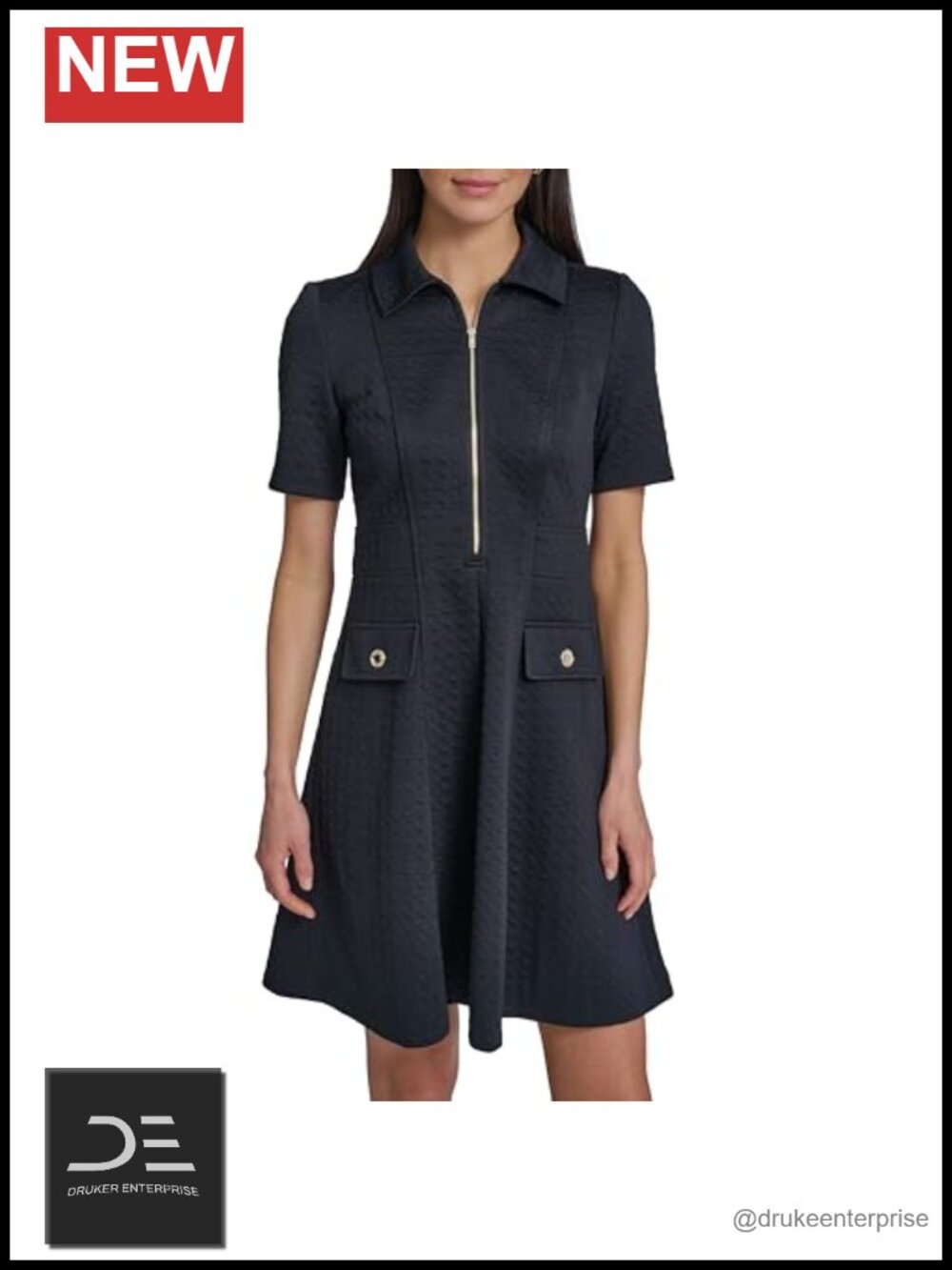 Boucle Knit Tweed Zipper Front Mini Dress Short Sleeve Collared